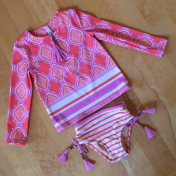 CABANA LIFE | Coral Geo 2-Piece Girls Rashguard Swimsuit - Picture 3 of 16